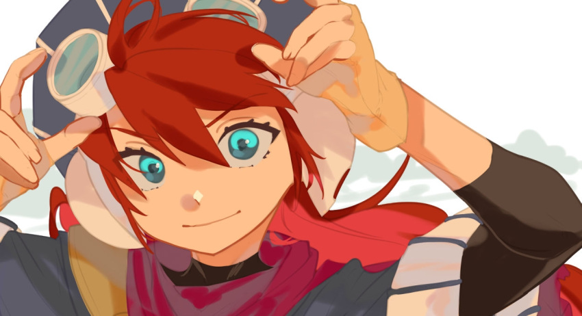 1boy blue_eyes closed_mouth fingerless_gloves gloves goggles goggles_on_headwear grandia grandia_i hat jbeixu937jrhdk justin_(grandia) long_hair looking_at_viewer male_focus red_hair smile solo