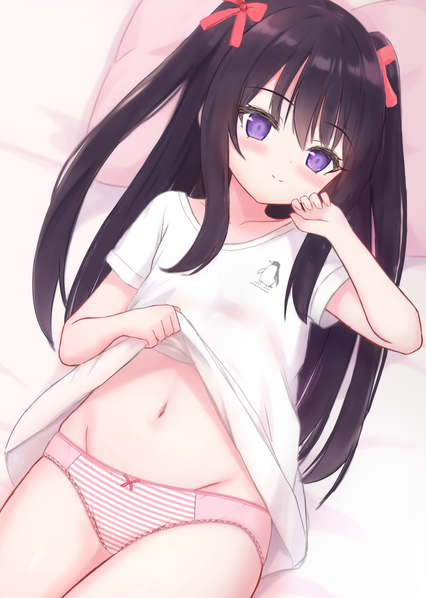 1girl absurdres bed_sheet black_hair bow bow_panties closed_mouth clothes_lift commentary from_above groin head_tilt highres lifted_by_self long_hair looking_at_viewer lying navel no_pants on_back on_bed original panties pillow pink_panties purple_eyes shirt shirt_lift shooko short_sleeves smile solo striped_clothes striped_panties t-shirt two_side_up underwear white_shirt