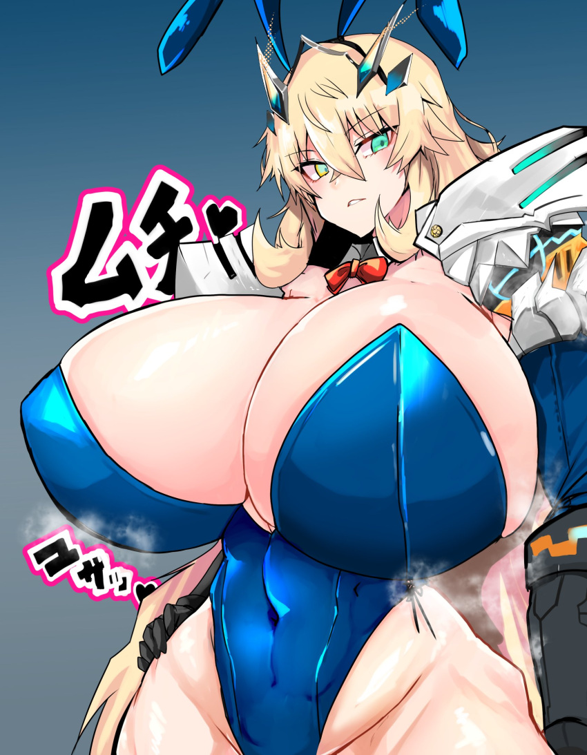 1girl alternate_costume animal_ears aqua_eyes armor barghest_(fate) black_gloves blonde_hair blue_background blue_leotard bow bowtie breasts check_clothing cleavage commentary_request covered_navel detached_collar elbow_gloves fake_animal_ears fate/grand_order fate_(series) gigantic_breasts gloves gradient_background green_eyes grey_background hair_between_eyes hair_ornament hand_on_own_hip heart heterochromia highleg highleg_leotard highres leotard long_hair looking_at_viewer omurice_(green_solenoid) pauldrons playboy_bunny rabbit_ears red_bow red_bowtie shoulder_armor solo steam steaming_body strapless strapless_leotard translation_request upper_body wing_collar