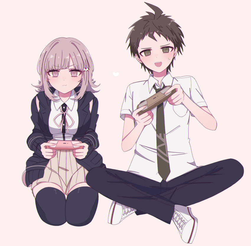 1boy 1girl absurdres ahoge black_jacket black_pants black_shirt black_thighhighs blunt_bangs blush brown_hair brown_skirt chi_gu collared_shirt controller danganronpa_(series) danganronpa_2:_goodbye_despair dress_shirt galaga green_necktie hair_ornament highres hinata_hajime holding holding_controller jacket medium_hair miniskirt nanami_chiaki neck_ribbon necktie open_clothes open_jacket pants pink_eyes pink_ribbon pleated_skirt pout ribbon shirt short_hair short_sleeves skirt thighhighs two-tone_shirt white_shirt