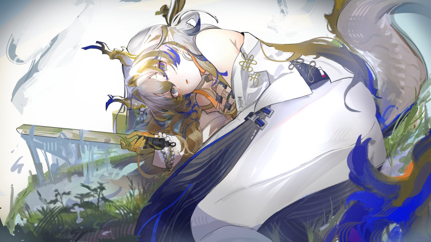 1girl :o arknights bare_shoulders blue_hair bracelet colored_skin dragon_girl dragon_horns dragon_tail eyeliner from_above grass green_hair grey_eyes grey_hair hair_between_eyes hair_ornament hair_stick highres holding holding_sword holding_weapon horns jacket jewelry kyushi_(user_41158199) legs_together long_hair looking_at_viewer lying makeup multicolored_hair off_shoulder on_side open_clothes open_jacket open_mouth orange_pupils pants pearl_bracelet red_eyeliner short_sword shu_(arknights) solo sword tail weapon white_jacket white_pants