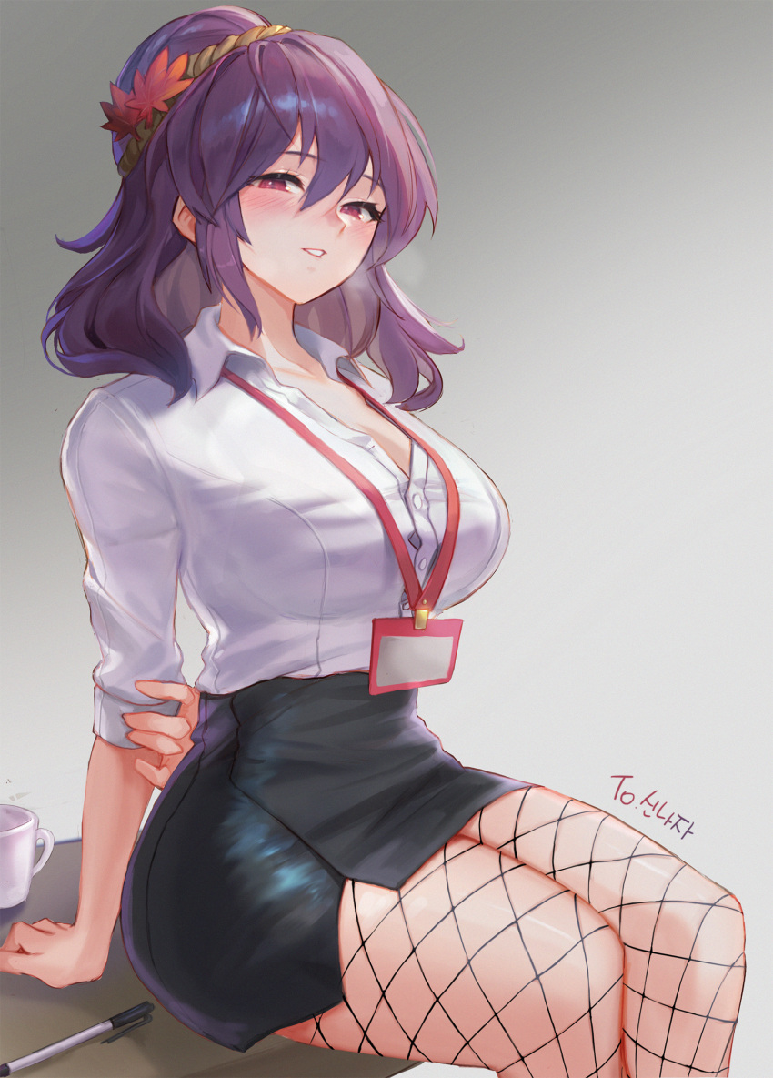 1girl black_skirt breasts collarbone collared_shirt cup desk fishnet_pantyhose fishnets hair_between_eyes hair_ornament highres id_card leaf_hair_ornament medium_hair office_lady on_desk orchid_(pixiv3730518) pantyhose parted_lips pencil_skirt purple_hair red_eyes shirt sitting skirt smile solo thighs touhou white_shirt yasaka_kanako