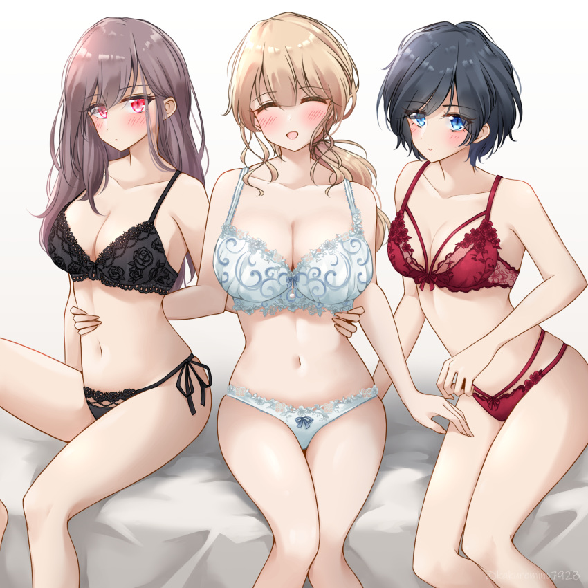 3girls bad_anatomy bare_arms bare_legs bed_sheet black_bra black_panties blonde_hair blue_eyes blush bow bow_panties bra breasts closed_eyes closed_mouth collarbone curly_sidelocks dot_mouth dot_nose eyes_visible_through_hair facing_viewer feet_out_of_frame floating_blush grey_bow hand_on_another's_leg hand_on_another's_waist highres kakuremino7928 knee_up knees_together_feet_apart large_breasts legs_together long_hair looking_at_viewer low_ponytail medium_breasts multi-strapped_panties multiple_girls navel open_mouth original panties ponytail red_bra red_eyes red_panties short_hair side-by-side side-tie_panties sitting skindentation slit_pupils small_breasts smile stomach twitter_username underwear underwear_only wavy_hair white_background white_bra white_panties yokozuwari