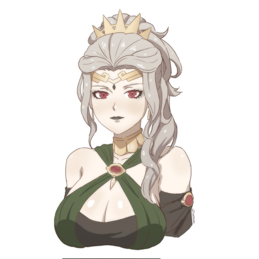 1girl artist_name bare_shoulders black_lips breasts cleavage cosplay dorothea_arnault_(plegian) dorothea_arnault_(plegian)_(cosplay) fire_emblem fire_emblem_heroes green_eyes grey_hair highres letizia_(fire_emblem) lipstick looking_at_viewer makeup medium_breasts ponytail solo tak0baka tiara upper_body white_background