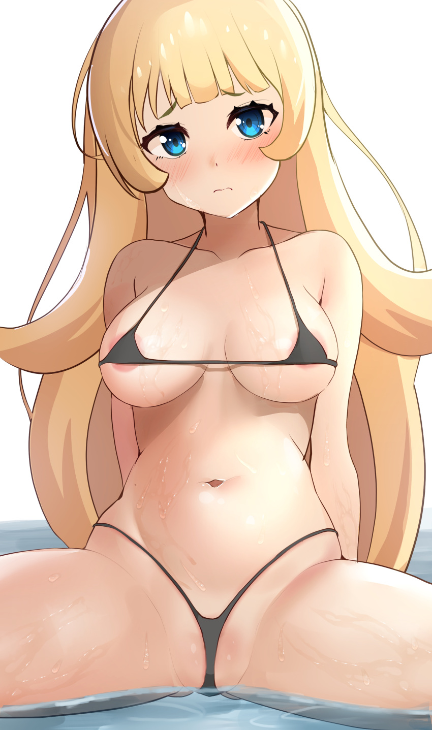 1girl absurdres areola_slip arms_behind_back ass_visible_through_thighs bare_shoulders bikini black_bikini blonde_hair blue_eyes blush breasts breasts_apart closed_mouth collarbone frontal_wedgie frown groin highres hime-sama_"goumon"_no_jikan_desu hime_(hime-sama_"goumon"_no_jikan_desu) karamete19 long_hair looking_at_viewer medium_breasts micro_bikini navel partially_submerged solo spread_legs stomach swimsuit thighs very_long_hair water wet