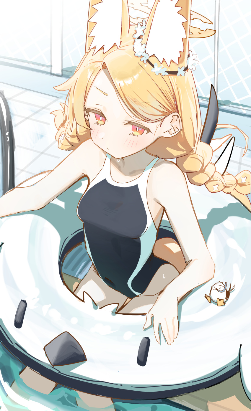 1girl absurdres alternate_costume animal_ears bird black_one-piece_swimsuit blonde_hair blue_archive braid bright_pupils competition_swimsuit halo highres long_hair looking_at_viewer one-piece_swimsuit partially_submerged pool red_eyes seia_(blue_archive) sitting solo swimsuit syhan twin_braids water white_pupils yellow_halo
