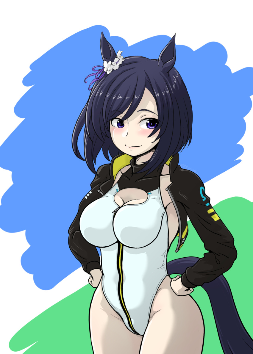 1girl 8zm alice_gear_aegis animal_ears black_hair black_jacket blue_eyes bob_cut breasts circle_cutout cleavage cleavage_cutout clothing_cutout companion/af covered_collarbone ear_scrunchie eishin_flash_(umamusume) front_zipper full-length_zipper hands_on_own_hips highleg highleg_leotard highres horse_ears horse_girl horse_tail jacket large_breasts leotard race_queen scrunchie short_hair sleeveless_turtleneck_leotard smile solo swept_bangs tail turtleneck_leotard two-tone_leotard umamusume white_leotard white_scrunchie zipper zipper_leotard zipper_pull_tab