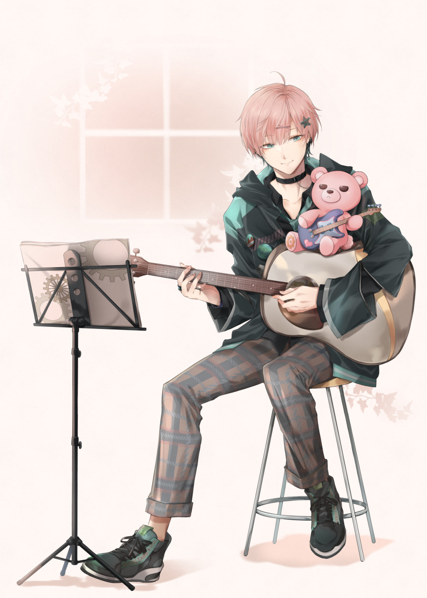 1boy bishounen black_choker choker collarbone ei_aida full_body green_eyes highres holostars jacket jewelry leaf looking_at_object male_focus mixed-language_commentary multiple_hairpins multiple_rings music_stand on_stool pants pink_hair plaid plaid_pants playing_guitar rikka_(holostars) ring shadow sheet_music shoes short_hair simple_background sitting smile sneakers solo stuffed_animal stuffed_toy teddy_bear virtual_youtuber window