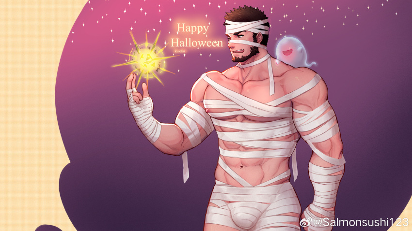 1boy abs avenger_(dungeon_and_fighter) bandaged_chest bandaged_head bandages bara black_hair bulge cowboy_shot dark-skinned_male dark_skin dungeon_and_fighter fire ghost halloween halloween_costume happy_birthday highres kulolin large_pectorals male_focus male_priest_(dungeon_and_fighter) mature_male mummy_costume muscular muscular_male naked_bandage navel nipples pectorals pyrokinesis red_eyes short_hair solo standing stomach thick_eyebrows