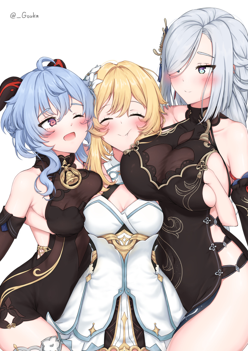 absurdres asymmetrical_docking blonde_hair blue_hair breast_press breasts dress ganyu_(genshin_impact) genshin_impact gouka grabbing grabbing_another's_breast hair_ornament hand_under_clothes highres large_breasts long_hair lumine_(genshin_impact) multiple_girls one_eye_covered sandwiched shenhe_(genshin_impact) short_hair symmetrical_docking yuri