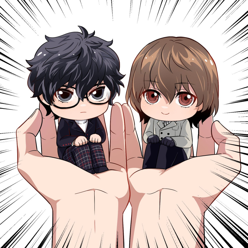 1nsid1ous 1other 2boys akechi_gorou amamiya_ren black_gloves black_hair brown_hair chibi closed_mouth emphasis_lines full_body glasses gloves grey_eyes hair_between_eyes highres in_palm jacket long_sleeves looking_at_viewer male_focus messy_hair multiple_boys necktie pants persona persona_5 plaid plaid_pants red_eyes school_uniform shirt short_hair shuujin_academy_school_uniform simple_background sitting smile white_background