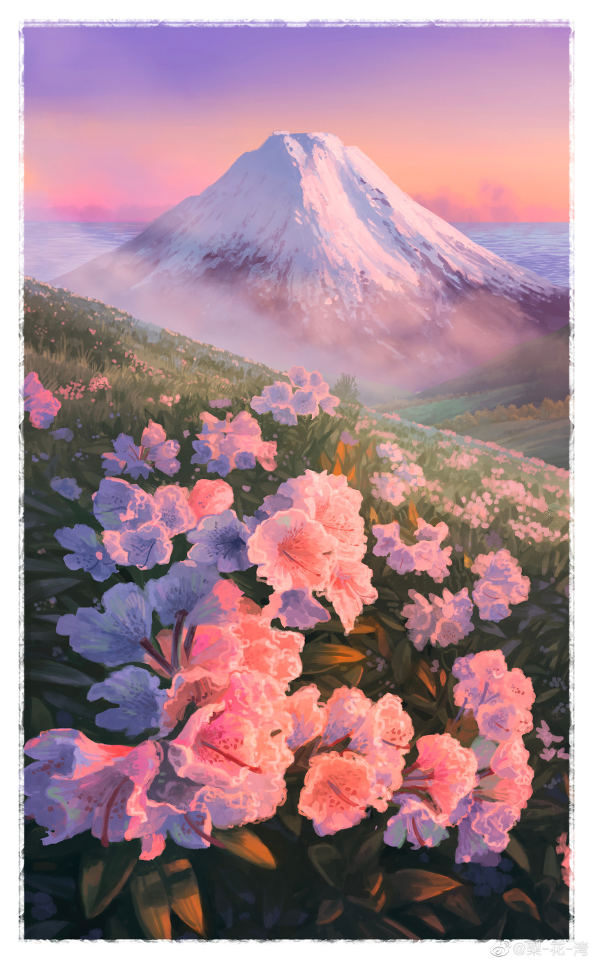 absurdres blue_sky border chinese_commentary commentary_request flower flower_bed flower_request fog gradient_sky grass highres hill landscape leaf lihuawan mountain no_humans ocean orange_sky original outdoors pink_flower sky sunset watermark weibo_logo weibo_username white_border