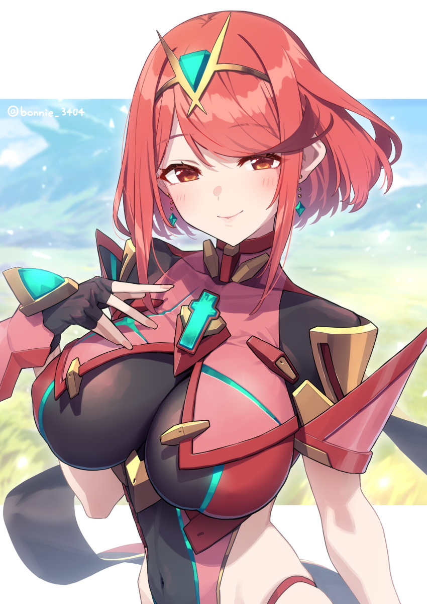 1girl absurdres baffu black_gloves breasts chest_jewel closed_mouth commentary covered_navel earrings fingerless_gloves fingernails gloves headpiece highres jewelry large_breasts looking_at_viewer pyra_(xenoblade) red_eyes red_hair smile solo xenoblade_chronicles_(series) xenoblade_chronicles_2