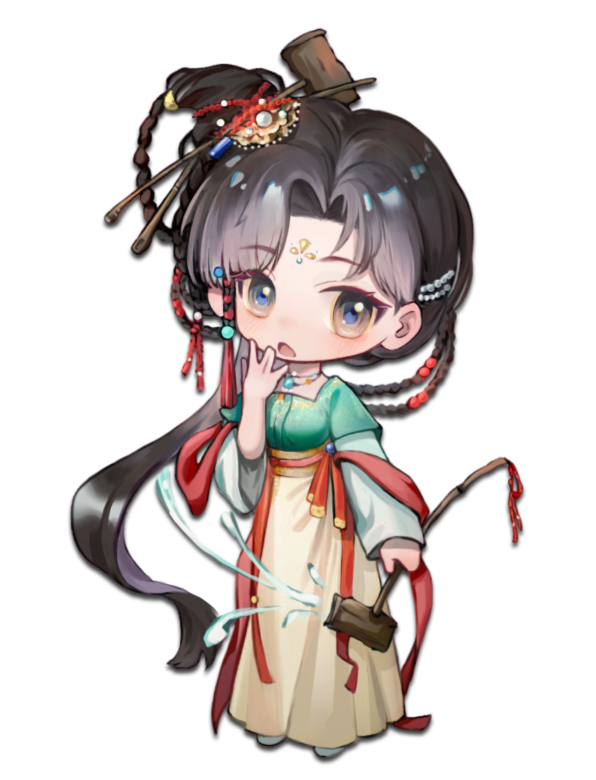 1girl :o absurdres black_eyes black_hair chibi chinese_clothes chinese_hairpin dipper eya_(athas) facial_mark forehead_mark full_body green_shirt hair_bun hair_ornament hand_to_own_mouth hand_up hanfu high-waist_skirt highres holding holding_spoon jiu_niangzi layered_sleeves liquid long_hair long_skirt long_sleeves looking_at_viewer red_shawl reverse:1999 shawl shirt short_over_long_sleeves short_sleeves single_side_bun skirt solo spilling spoon standing tassel tassel_hair_ornament yellow_skirt