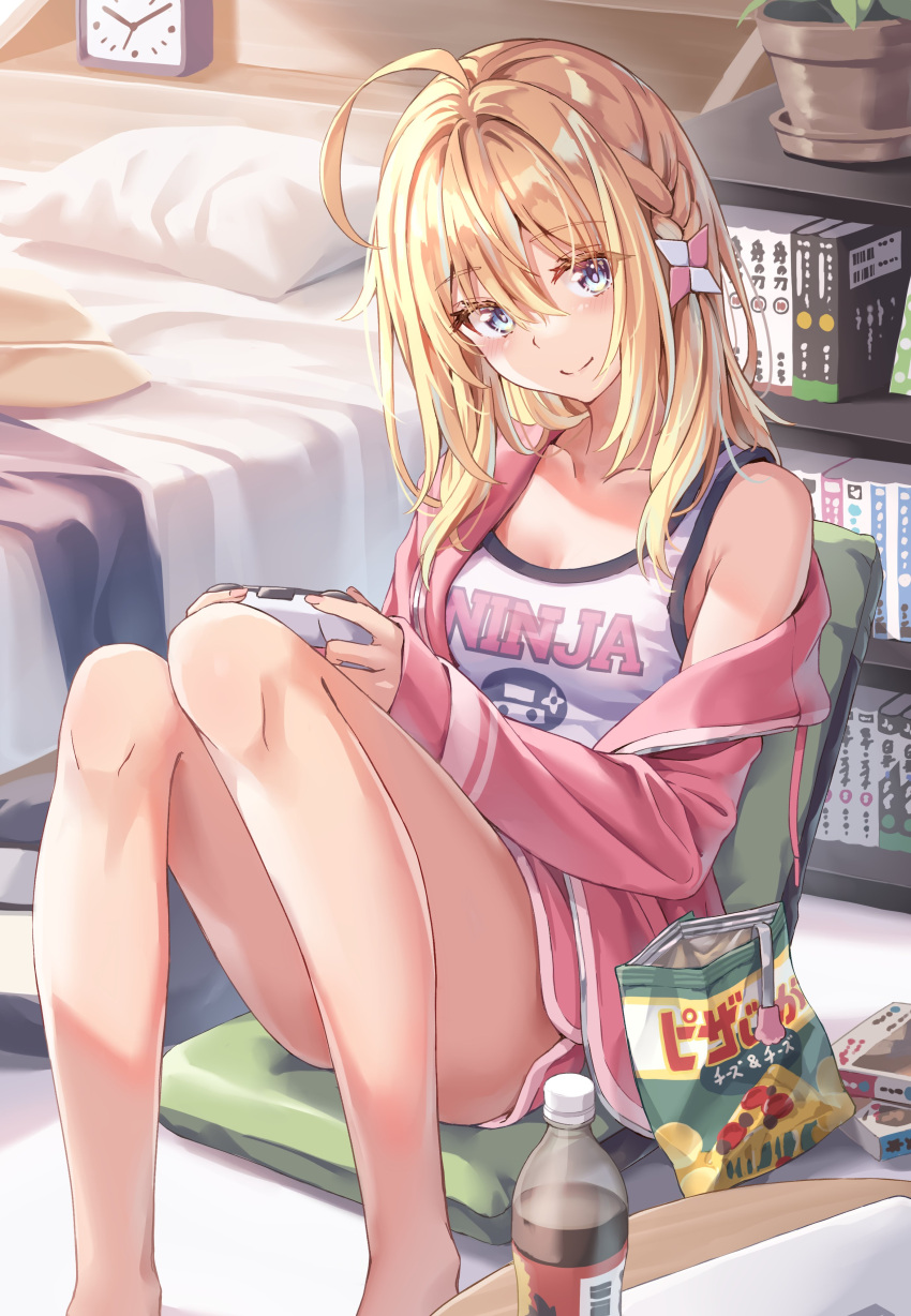 1girl absurdres ahoge alarm_clock bag_of_chips bangs bare_legs bed blonde_hair blue_eyes blush bookshelf braid breasts cleavage clock collarbone controller dolphin_shorts drawstring feet_out_of_frame game_controller hair_between_eyes hair_ornament highres holding holding_controller holding_game_controller indoors jacket long_hair morigami_(morigami_no_yashiro) off_shoulder open_clothes open_jacket original pillow pink_jacket pink_shorts plant potted_plant shorts sidelocks sitting sleeves_past_wrists small_breasts smile soda solo tank_top text_print