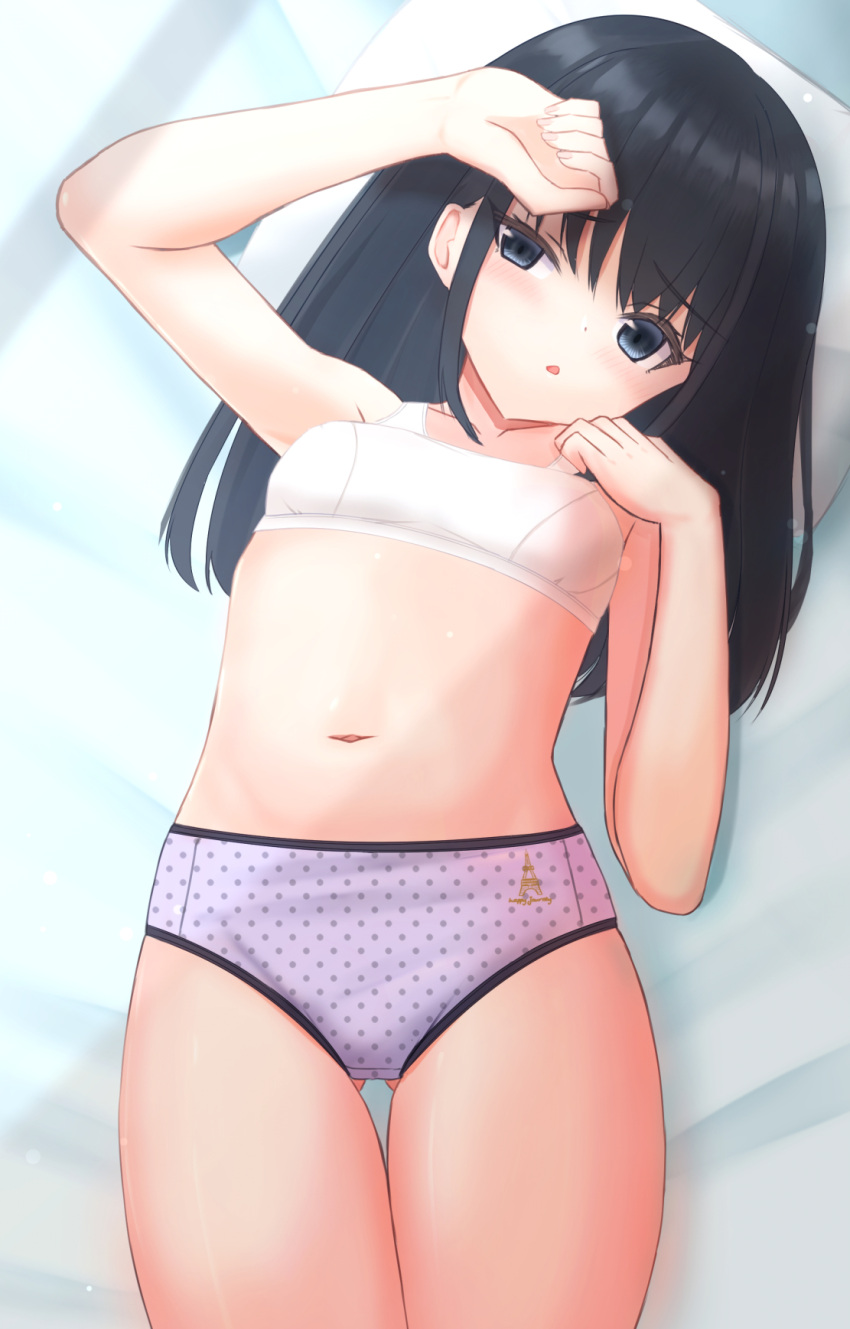 1girl ass_visible_through_thighs bed_sheet black_hair blue_eyes bra breasts commentary cowboy_shot crotch_seam from_above half-closed_eyes hand_on_own_forehead head_tilt highres long_hair looking_at_viewer lying mismatched_underwear navel on_back on_bed original panties parted_lips polka_dot polka_dot_panties purple_panties shooko small_breasts solo training_bra underwear underwear_only white_bra
