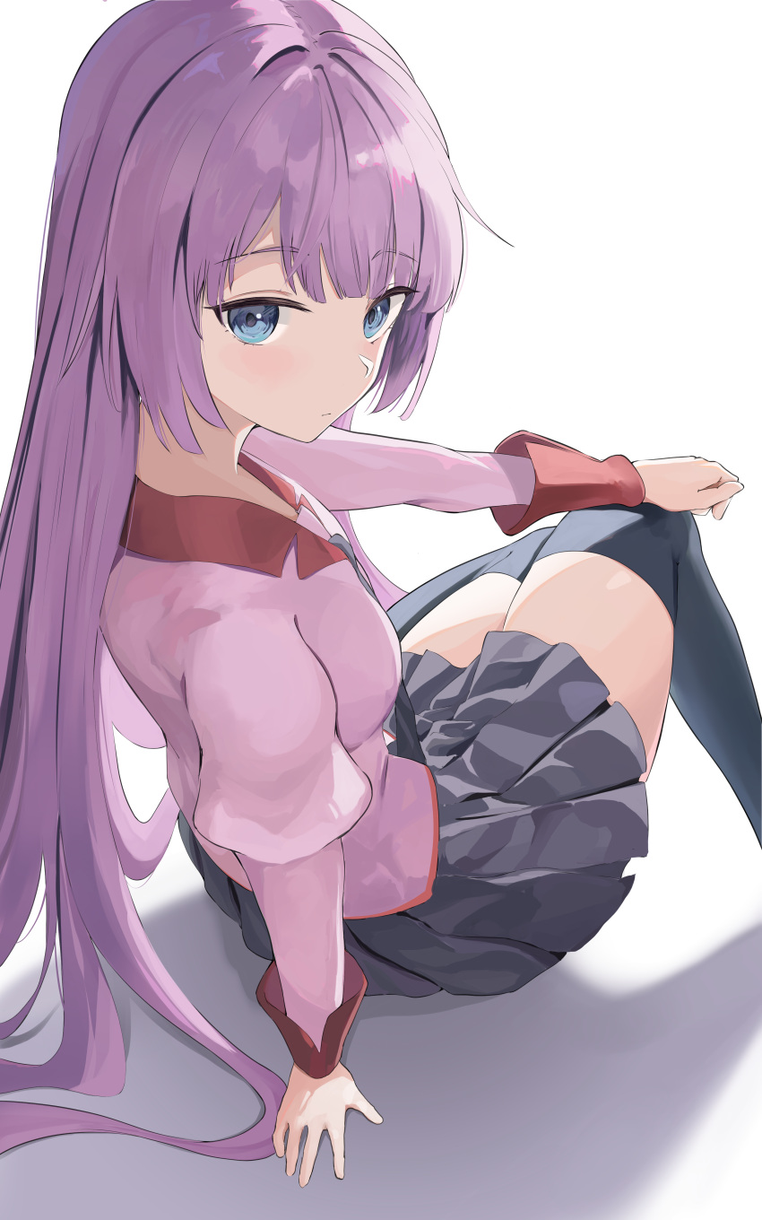 1girl absurdres bakemonogatari black_thighhighs blue_eyes blush breasts closed_mouth collared_shirt commentary eyelashes foot_out_of_frame grey_skirt hand_on_own_knee highres juliet_sleeves knees_together_feet_apart long_hair long_sleeves looking_at_viewer medium_breasts monogatari_(series) naoetsu_high_school_uniform parted_bangs pink_shirt pleated_skirt puffy_sleeves purple_hair romaji_commentary school_uniform senjougahara_hitagi shirt sidelocks sitting skirt som_(mnfx7235) thighhighs thighs v-shaped_eyebrows very_long_hair white_background zettai_ryouiki