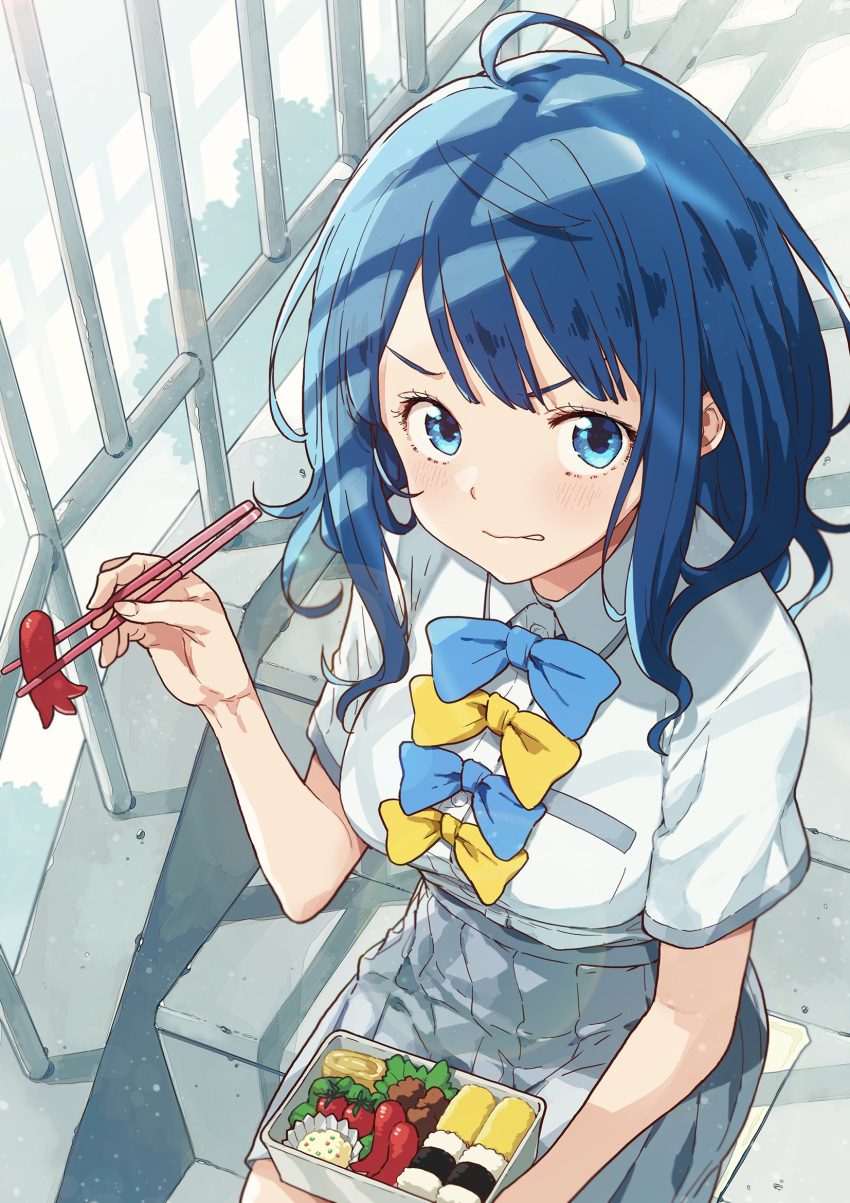 1girl :| bento blue_bow blue_bowtie blue_eyes blue_hair bow bowtie breasts cherry_tomato chopsticks closed_mouth egg_(food) feeding food food_art frustrated grey_skirt highres holding holding_bento holding_chopsticks imigimuru light_blush lunchbox make_heroine_ga_oo_sugiru! medium_breasts medium_hair omelet onigiri rice school_uniform shirt sitting sitting_on_stairs skirt stairs tako-san_wiener tamagoyaki tomato white_shirt yanami_anna