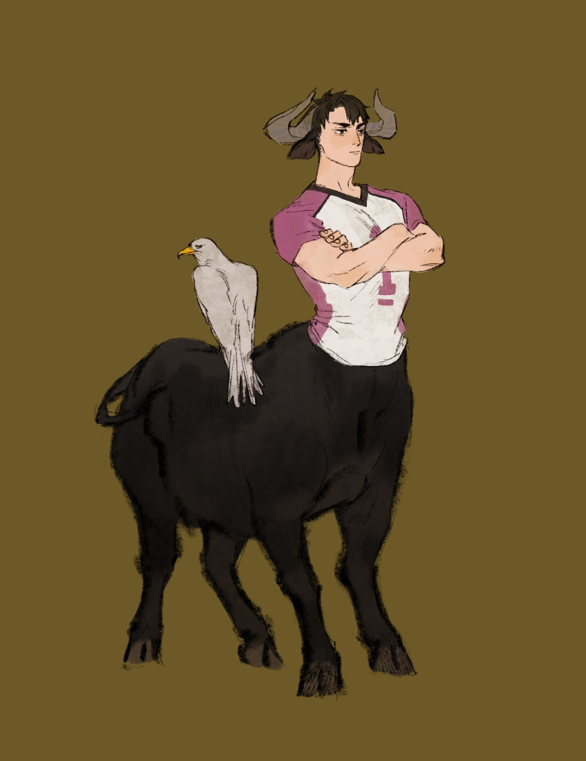 1boy animal_ears bird black_eyes brown_background brown_hair brown_horns centauroid chengongzi123 closed_mouth commentary cow_boy cow_ears cow_horns cow_tail crossed_arms full_body haikyuu!! highres hooves horns looking_to_the_side male_focus monster_boy monsterification shirt short_hair short_sleeves simple_background sportswear standing symbol-only_commentary t-shirt tail taur ushijima_wakatoshi very_short_hair volleyball_uniform water_buffalo