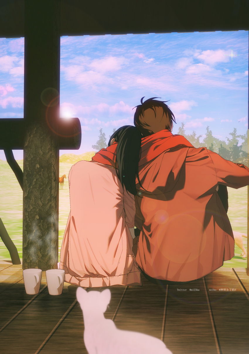 1boy 1girl absurdres alternate_universe black_hair blue_sky brown_hair brown_jacket cat chinese_commentary cloud commentary_request cup eren_yeager from_behind head_on_another's_shoulder hetero highres hood hooded_jacket horse jacket lens_flare mikasa_ackerman niku_(ni23ku) pink_jacket ponytail porch shingeki_no_kyojin sitting sky steam sun tree