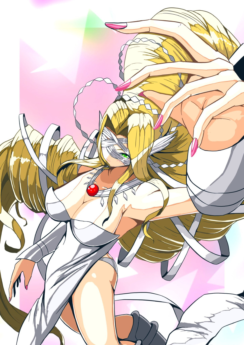 1girl arm_up blindfold blonde_hair breasts cleavage digimon digimon_(creature) dress drill_hair green_eyes head_wings highres large_breasts long_hair panties pink_nails revealing_clothes sawa_d solo strapless strapless_dress underwear venusmon very_long_hair white_dress white_panties wings