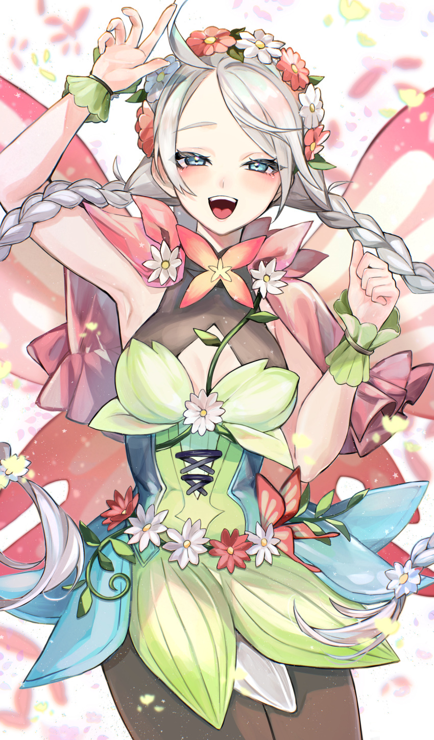 1girl absurdres ahoge armpits arms_up blue_eyes braid breasts brown_pantyhose butterfly_wings capelet commission commissioner_upload cross-laced_clothes cross-laced_dress dress fairy_wings fire_emblem fire_emblem_fates fire_emblem_heroes flower flower_bracelet gradient_clothes green_bracelet grey_hair hair_flower hair_ornament hair_vines hairband highres insect_wings leaf_bracelet long_hair looking_at_viewer low_twin_braids medium_breasts nina_(fire_emblem) nina_(resplendent)_(fire_emblem) official_alternate_costume osiri_siri_siri pantyhose pink_capelet pink_flower short_dress skeb_commission solo twin_braids vine_belt vine_bracelet vine_harness white_flower wings