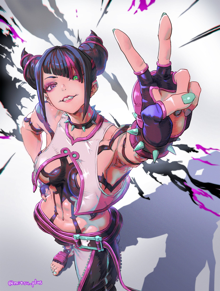 1girl aqua_nails baggy_pants black_hair bracelet breasts collar fingerless_gloves fingernails foot_out_of_frame gloves green_eyes grin hair_horns han_juri highres jewelry long_fingernails looking_at_viewer medium_breasts mitsu_plus multicolored_hair no_shoes pants parted_lips pink_hair purple_eyes shadow smile solo spiked_anklet spiked_bracelet spiked_collar spikes stirrup_footwear streaked_hair street_fighter street_fighter_6 twitter_username v white_background