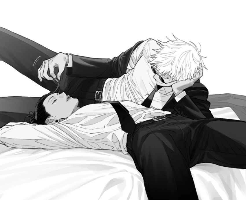 2boys arm_up bed_sheet belt boots collared_shirt cross-laced_footwear ear_piercing eyelashes feet_out_of_frame formal getou_suguru ggss_cc gojou_satoru greyscale hair_bun hair_pulled_back half-closed_eyes hand_on_own_head head_rest holding_another's_hair jacket jujutsu_kaisen lace-up_boots long_sleeves lying male_focus monochrome multiple_boys necktie no_blindfold on_back on_bed on_side pants parted_lips piercing plug_(piercing) ruffling_hair shirt short_hair simple_background single_hair_bun smile suit sunglasses tight tight_shirt upside-down