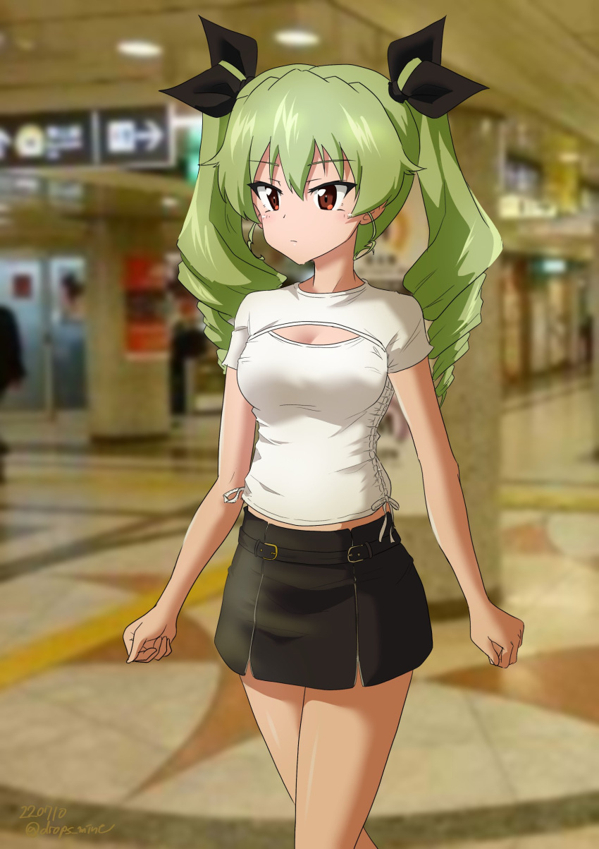 1girl absurdres alternate_costume anchovy_(girls_und_panzer) black_ribbon black_skirt carro_armato_p40 casual center_opening cleavage_cutout clothing_cutout commentary cowboy_shot dated drill_hair drops_mint girls_und_panzer green_hair ground_vehicle hair_between_eyes hair_ribbon highres long_hair meme_attire military military_vehicle motor_vehicle open-chest_sweater photo_background red_eyes ribbon shirt short_sleeves skirt solo sweater tank twin_drills twitter_username white_shirt