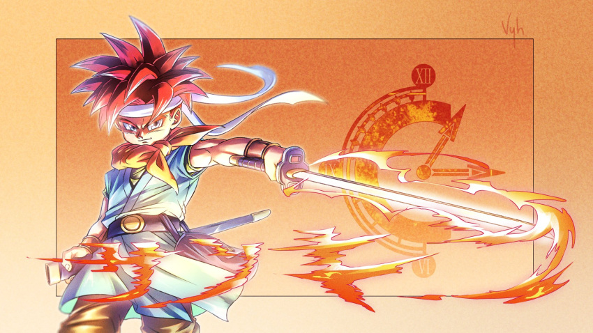 1boy artist_name bandana bandana_around_neck blue_eyes blue_tunic chrono_trigger crono_(chrono_trigger) green_shirt highres holding holding_sword holding_weapon looking_at_viewer red_hair scabbard sheath shirt short_sleeves solo spiked_hair sword upper_body vyh weapon yellow_bandana