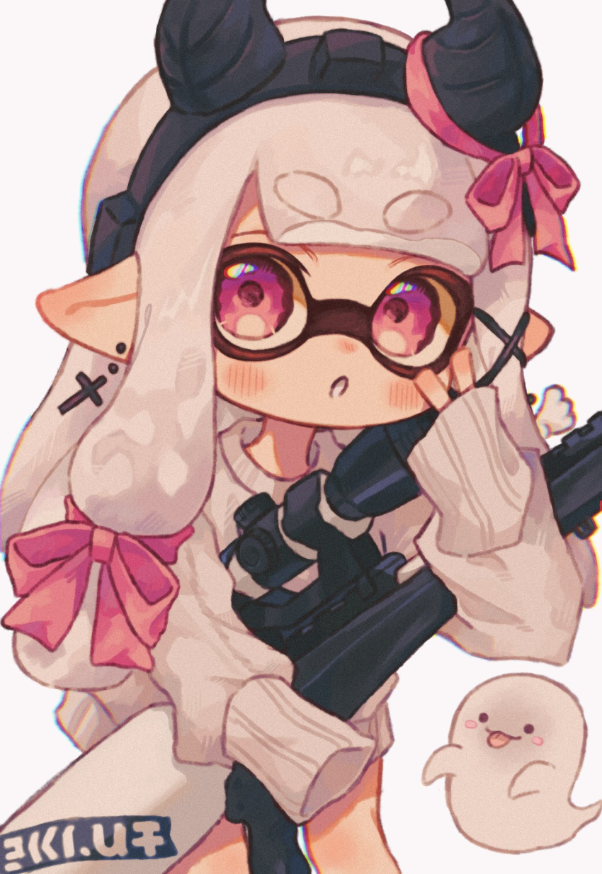 1girl :o black_hairband bow commentary_request cross cross_earrings e-liter_4k_(splatoon) earrings eyebrows_hidden_by_hair fake_horns gun hair_bow hairband highres holding holding_gun holding_weapon horn_hairband horns inkling inkling_girl inkling_player_character jewelry long_hair ochocho2828 pink_bow pink_eyes pointy_ears scope sheet_ghost simple_background sleeves_past_fingers sleeves_past_wrists solo splatoon_(series) tentacle_hair thick_eyebrows weapon white_background white_hair