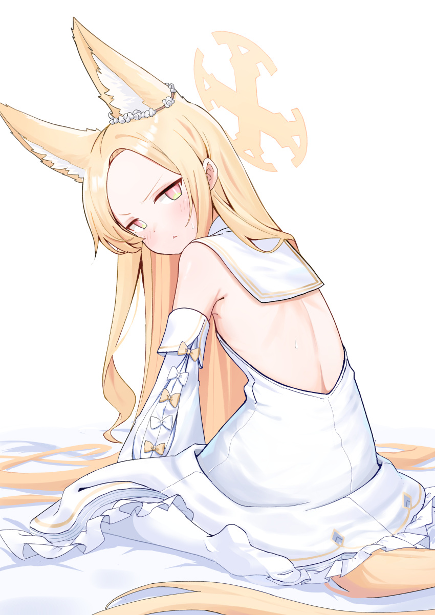 1girl absurdres animal_ear_fluff animal_ears bare_shoulders blonde_hair blue_archive blush closed_mouth detached_sleeves dress extra_ears fox_ears halo highres long_hair looking_at_viewer olecafe2 pantyhose seia_(blue_archive) simple_background solo white_background white_dress white_pantyhose white_sleeves yellow_eyes yellow_halo