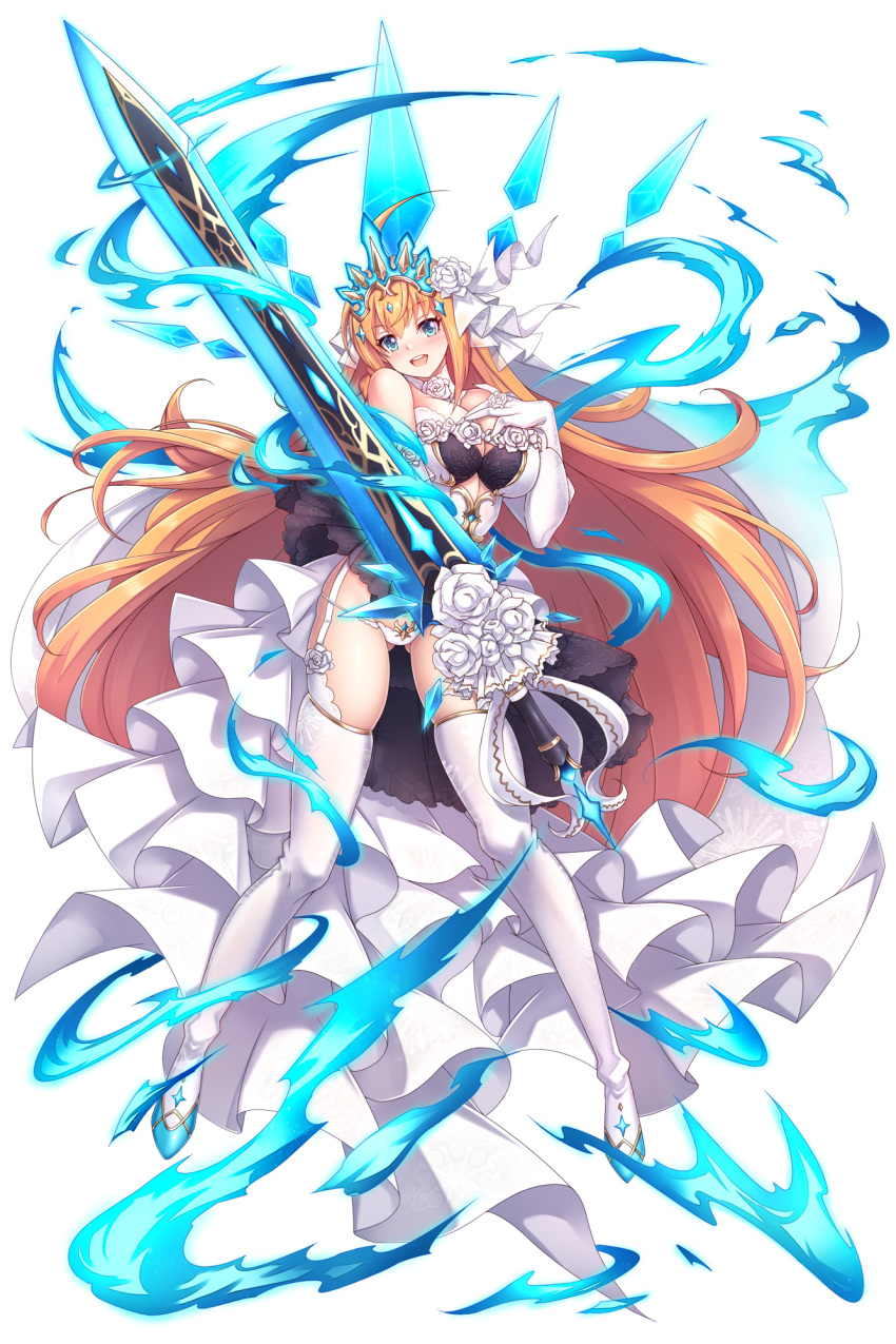 1girl aata1007 ahoge ass_visible_through_thighs blue_eyes breasts bride elbow_gloves garter_straps gloves high_heels highres long_hair looking_at_viewer open_mouth orange_hair pecorine_(princess_connect!) princess_connect! solo sword thighs tiara very_long_hair weapon