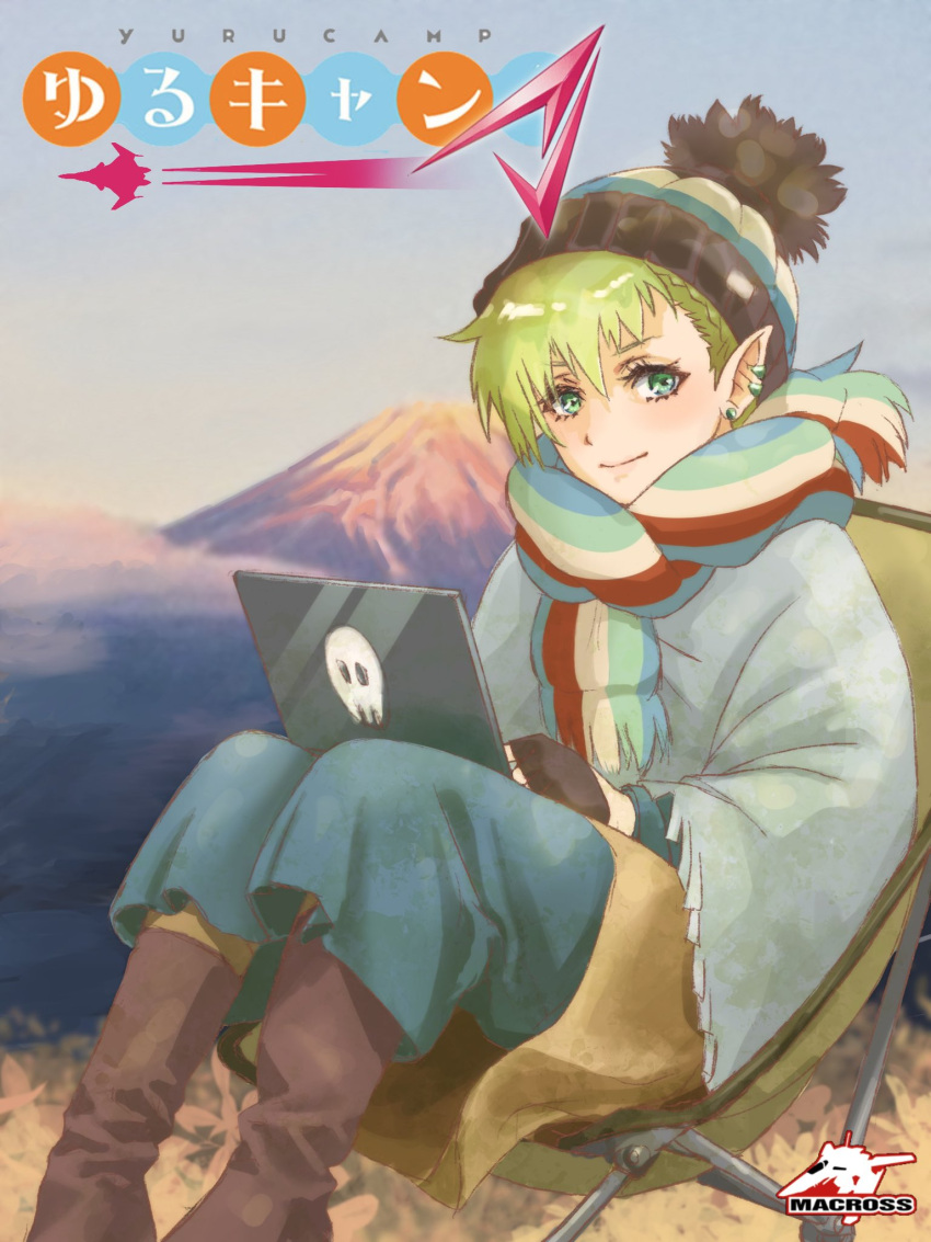 1girl camping camping_chair computer cosplay dekuashi green_eyes green_hair highres laptop long_sleeves looking_at_viewer macross macross_delta outdoors pointy_ears reina_prowler scarf shima_rin shima_rin_(cosplay) short_hair sitting smile solo touyama_nao voice_actor_connection yurucamp