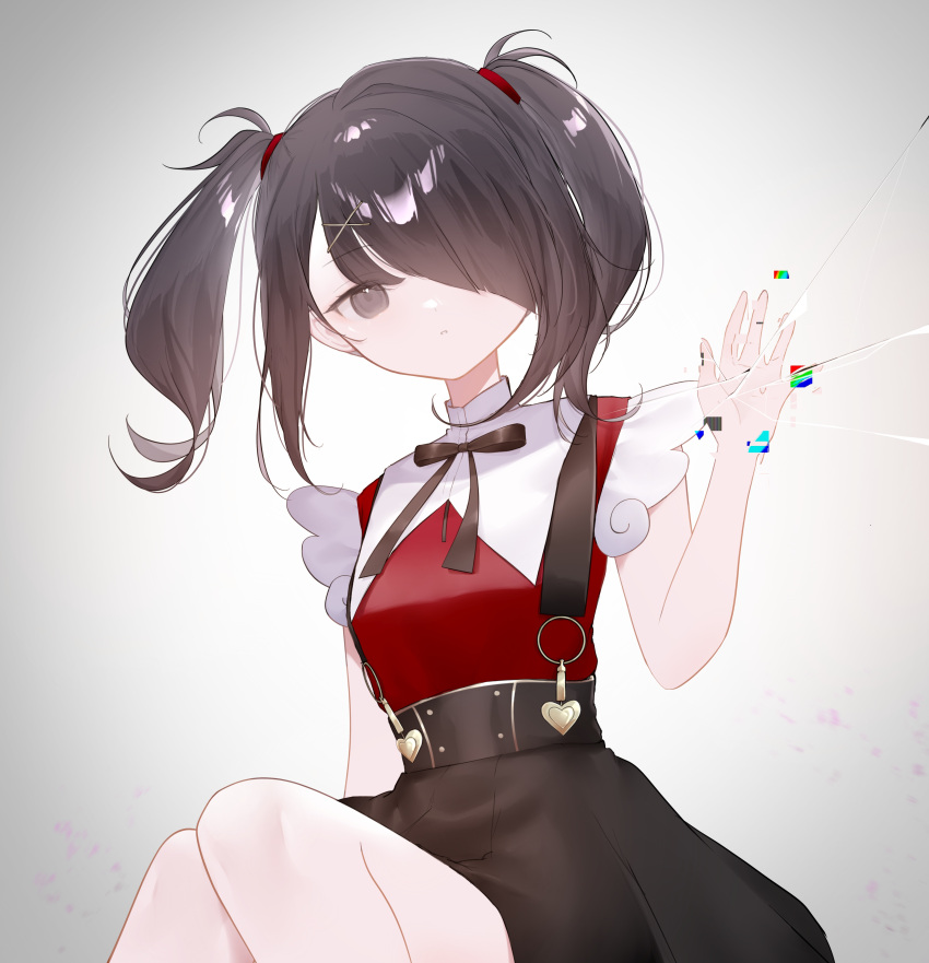 1girl absurdres ame-chan_(needy_girl_overdose) black_hair black_ribbon black_skirt collared_shirt commentary cowboy_shot crack cracked_glass english_commentary glitch grey_background grey_eyes hair_ornament hair_over_one_eye hand_up heart highres long_hair looking_at_viewer neck_ribbon needy_girl_overdose open_hand open_mouth parted_lips red_shirt ribbon rozenith shirt sitting skirt solo suspender_skirt suspenders twintails x_hair_ornament