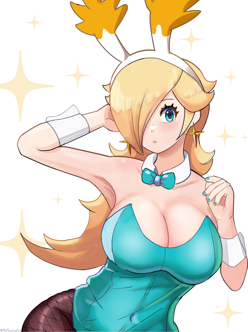 1girl alternate_costume animal_ears armpits bare_shoulders blonde_hair blue_bow blue_eyes blue_leotard blue_nails bow bow_choker breasts cleavage closed_mouth commentary covered_navel earrings eyelashes fake_animal_ears freckles hair_over_one_eye highres jewelry large_breasts leotard long_hair looking_at_viewer mario_(series) pantyhose playboy_bunny rabbit_ears rosalina solo star_(symbol) star_earrings strapless strapless_leotard super_mario_galaxy thedarkestuno wrist_cuffs