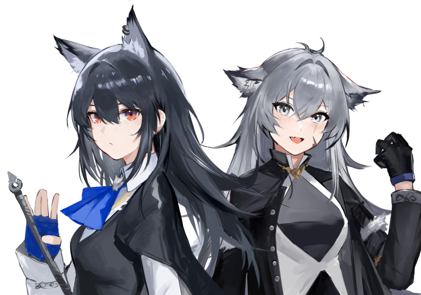 2girls :d animal_ear_fluff animal_ears arknights black_gloves black_hair black_jacket black_vest blue_gloves breasts collared_shirt commentary_request dress ear_piercing fang fingerless_gloves gloves grey_eyes grey_hair hair_between_eyes hair_intakes hand_up highres jacket lappland_(arknights) long_hair long_sleeves looking_at_viewer medium_breasts multiple_girls open_clothes open_jacket piercing red_eyes s_4ik4 shirt simple_background smile texas_(arknights) upper_body vest white_background white_dress white_shirt