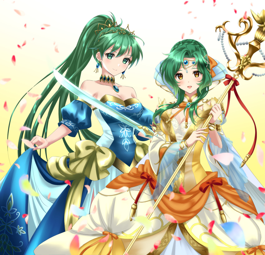 2girls :d bare_shoulders blue_dress breasts choker cleavage commentary_request cowboy_shot detached_sleeves dress elincia_ridell_crimea fire_emblem fire_emblem:_radiant_dawn fire_emblem:_the_blazing_blade fire_emblem_heroes gradient_background green_eyes green_hair highres holding holding_staff kakiko210 long_hair looking_at_viewer lyn_(fire_emblem) medium_breasts multiple_girls partial_commentary ponytail puffy_short_sleeves puffy_sleeves short_sleeves skirt_hold smile staff standing strapless strapless_dress sword very_long_hair weapon yellow_background yellow_dress yellow_eyes