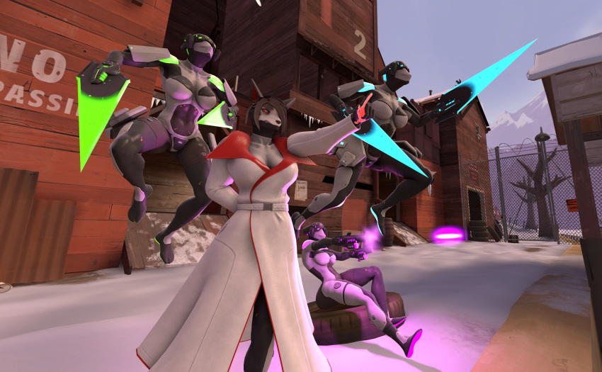 3d_(artwork) amelia_(petruz) angry anthro canid canine canis clothing cybernetics cyborg digital_media_(artwork) female glowing glowing_eyes group hair hi_res jackal laser_gun machine mammal petruz_(copyright) ranged_weapon snow source_filmmaker synthetic team_fortress_2 themadshepherd valve weapon