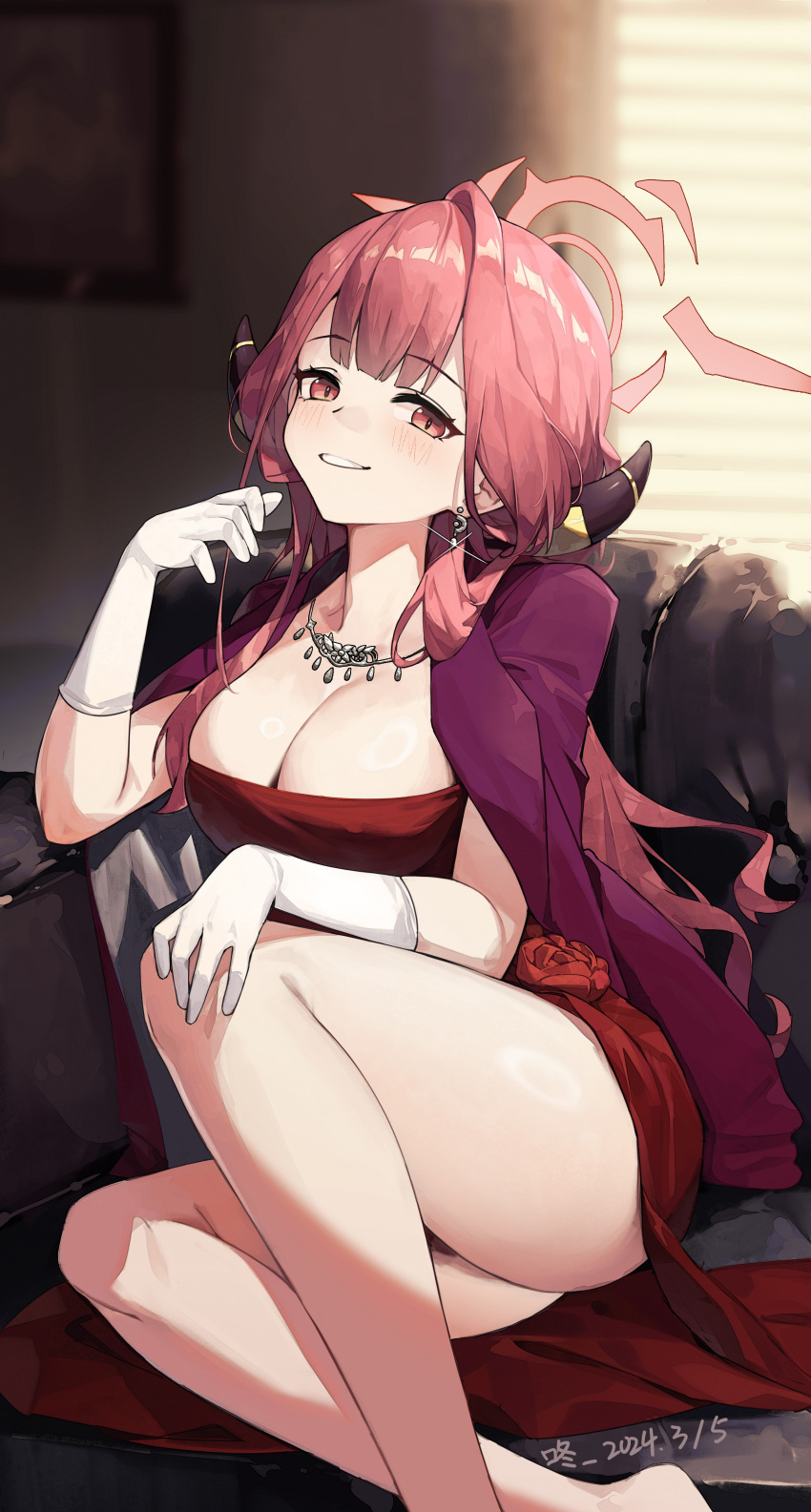 1girl absurdres aru_(blue_archive) aru_(dress)_(blue_archive) azema bare_legs blue_archive blush breasts brown_horns cleavage coat coat_on_shoulders couch demon_horns dress earrings feet_out_of_frame gloves halo highres horns indoors jewelry knee_up large_breasts legs long_hair looking_at_viewer necklace official_alternate_costume on_couch pink_hair pink_halo red_dress sitting smile solo thighs white_gloves yellow_eyes