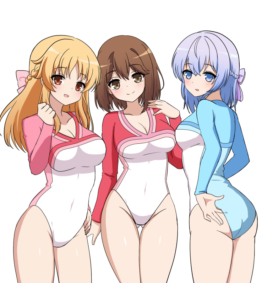 3girls ass ass_visible_through_thighs athletic_leotard blonde_hair blue_eyes blue_hair blue_leotard braid breasts brown_eyes brown_hair cleavage commission french_braid girlfriend_(kari) highres leotard long_hair medium_breasts multicolored_leotard multiple_girls murakami_fumio nanju_bami pink_leotard pixiv_commission red_eyes red_leotard sasahara_nonoka shiina_kokomi short_hair simple_background thigh_gap v-neck white_background white_leotard