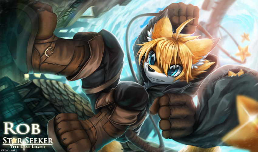 action_pose anthro artist_name bared_teeth black_bottomwear black_clothing black_nose black_pants blonde_hair blue_eyes boots bottomwear brown_boots brown_clothing brown_footwear canid canine clothed clothing dipstick_ears footwear fox fur glistening glistening_eyes grey_clothing grey_topwear hair hi_res male mammal multicolored_ears outside pants penguinexperience pose solo topwear white_body white_fur yellow_body yellow_fur