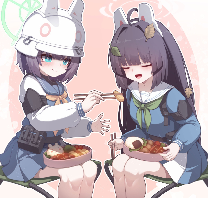 2girls animal_ears black_hair blue_archive blue_eyes blue_sailor_collar blue_serafuku blue_skirt blush chopsticks closed_eyes closed_mouth combat_helmet fake_animal_ears feet_out_of_frame food fuyu_no_usagi green_halo green_neckerchief grey_halo halo helmet highres holding holding_chopsticks long_hair long_sleeves miyu_(blue_archive) multiple_girls neckerchief onigiri open_mouth pleated_skirt rabbit_ears sailor_collar saki_(blue_archive) sausage school_uniform serafuku short_hair skirt smile stahlhelm white_headwear white_sailor_collar white_skirt yellow_neckerchief