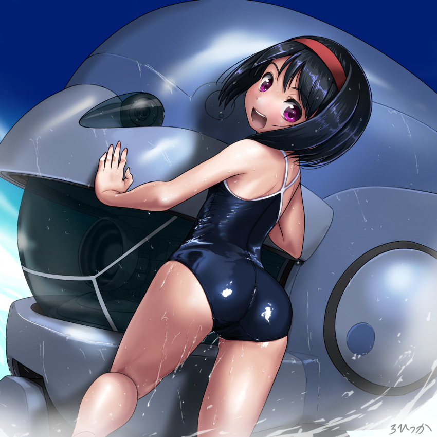 1girl ass black_hair blue_one-piece_swimsuit cloud competition_school_swimsuit day from_behind hairband highres kneepits legs looking_back mecha one-piece_swimsuit open_mouth original outdoors pink_eyes revision robot rohitsuka school_swimsuit shiny_clothes short_hair sky smile solo swimsuit thighs wet wet_clothes wet_hair wet_swimsuit