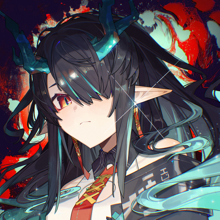 1girl abstract_background acidinjection aqua_hair aqua_horns arknights bare_shoulders black_hair chromatic_aberration close-up closed_mouth clothing_cutout collared_dress dragon_girl dragon_horns dress dusk_(arknights) earrings floating_hair glint hair_over_one_eye highres horns jewelry light_particles looking_at_viewer multicolored_hair necktie one_eye_covered orange_eyes pointy_ears portrait red_necktie solo two-tone_hair white_dress