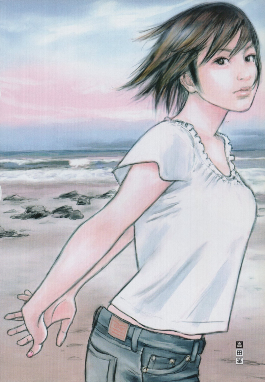 1girl absurdres arms_behind_back beach brown_eyes brown_hair denim highres hinomoto_reiko jeans looking_at_viewer non-web_source official_art outdoors pants rumble_roses scan shirt short_hair sky solo t-shirt takada_kizuku upper_body white_shirt