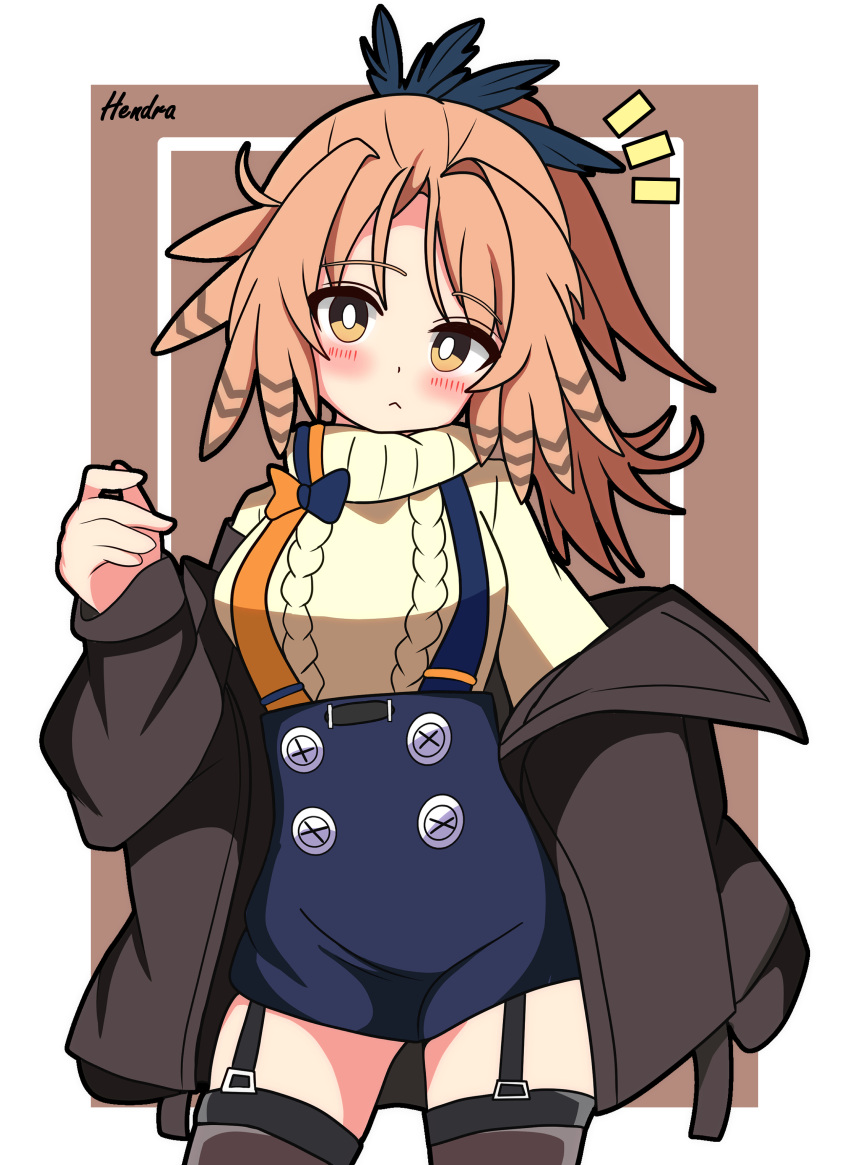 1girl :&lt; absurdres arknights arm_at_side bird_girl black_jacket blue_skirt blush border brown_background brown_thighhighs buttons cable_knit closed_mouth contrapposto cowboy_shot dot_nose double-breasted garter_straps hand_up head_wings hendra high-waist_skirt highres inset_border jacket legs_apart long_hair long_sleeves off_shoulder open_clothes open_jacket orange_hair pinecone_(arknights) ponytail signature skirt sleeves_past_fingers sleeves_past_wrists solo suspender_skirt suspenders sweater thighhighs turtleneck turtleneck_sweater white_border wings yellow_eyes yellow_sweater zettai_ryouiki