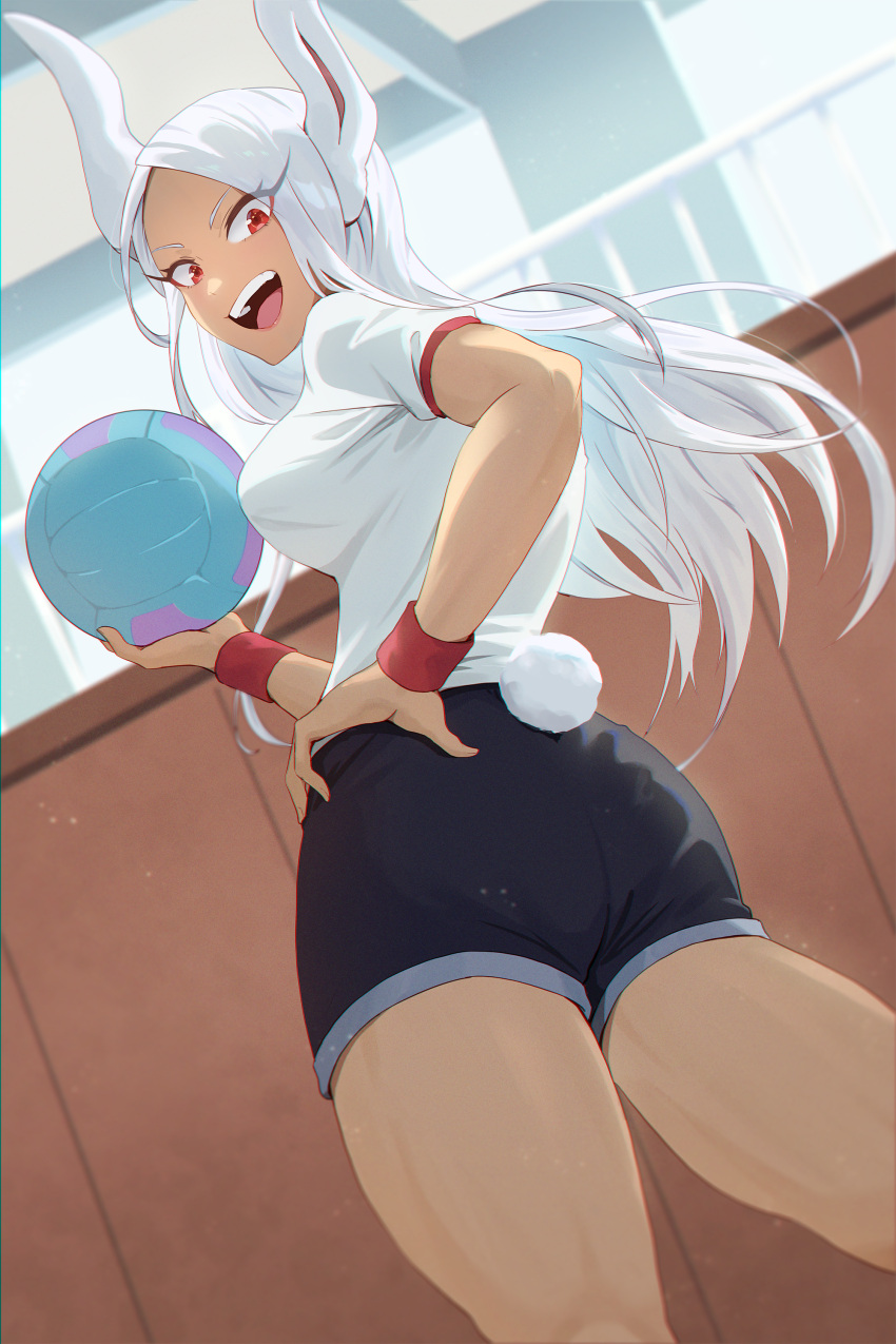 1girl :d absurdres animal_ears ball black_shorts boku_no_hero_academia breasts commentary_request dark-skinned_female dark_skin from_behind hand_on_own_hip highres holding holding_ball large_breasts long_hair looking_at_viewer matsumotoshinnnosuke mirko open_mouth rabbit_ears rabbit_girl rabbit_tail red_eyes red_wristband shirt shorts smile solo tail tail_through_clothes teeth thighs toned upper_teeth_only volleyball white_hair white_shirt