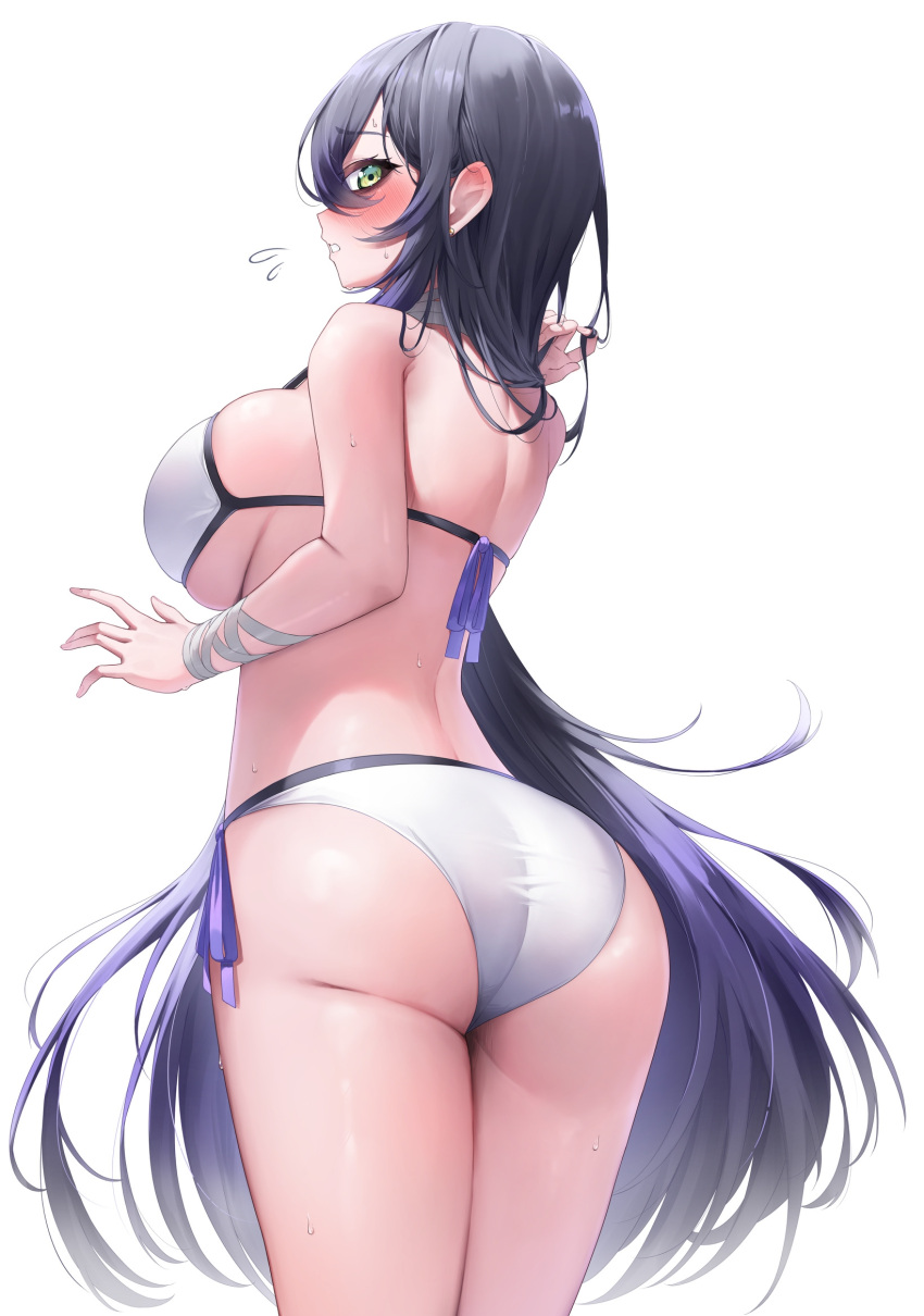 1girl ass back bandaged_wrist bandages bare_shoulders bikini black_hair blush breasts commentary flying_sweatdrops from_behind highres large_breasts long_hair looking_at_viewer morros original side-tie_bikini_bottom sideboob simple_background solo swimsuit white_background white_bikini