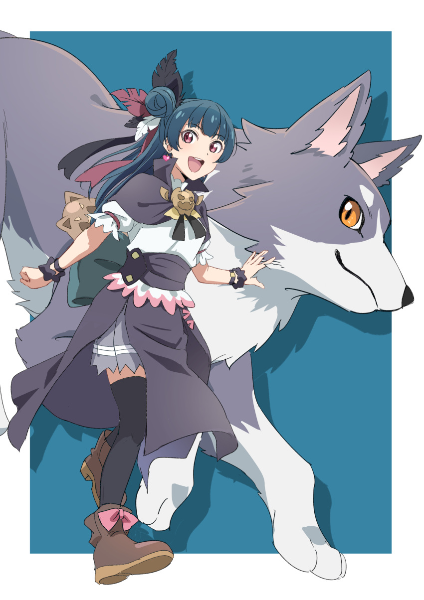 1girl :d absurdres black_feathers black_thighhighs blue_hair boots border bow brown_footwear cape dog earrings feather_hair_ornament feathers genjitsu_no_yohane grey_cape grey_skirt hair_ornament hairband heart heart_earrings highres jewelry lailaps_(genjitsu_no_yohane) looking_at_viewer love_live! love_live!_sunshine!! miniskirt orange_eyes pink_bow pleated_skirt red_eyes red_feathers shirt short_hair short_sleeves skirt smile thighhighs vorupi white_border white_feathers white_shirt yohane_(genjitsu_no_yohane) zettai_ryouiki